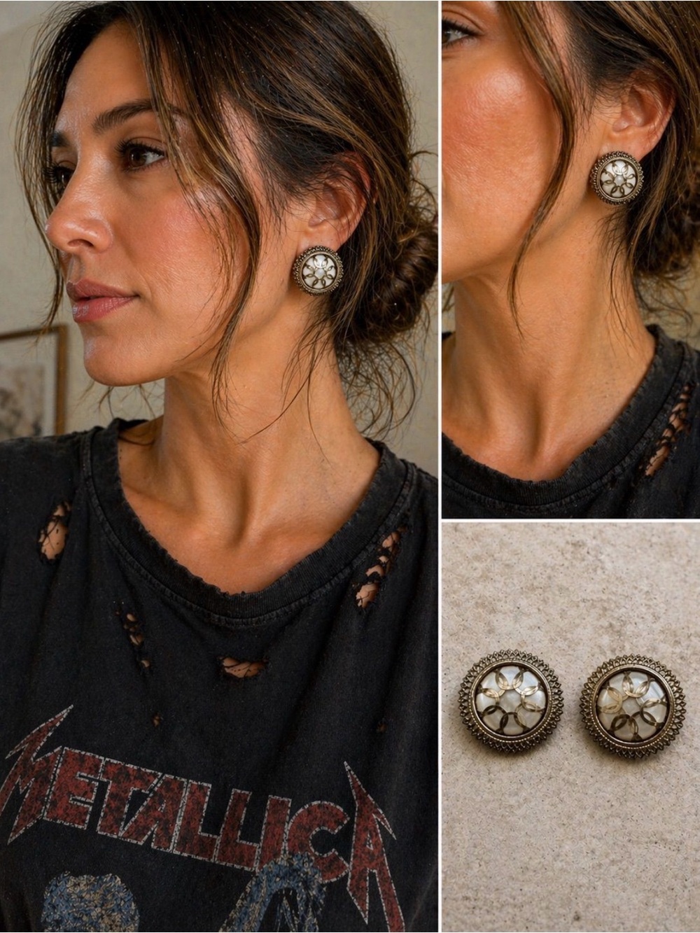 FREE WITH PURCHASE OVER $35 Vintage-Inspired White and Gold Floral Stud Earrings